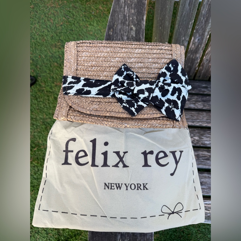 Vintage  FELIX‎ REY  Clutch Bag Natural Woven Straw Wicker Bow Leopard NWT W
